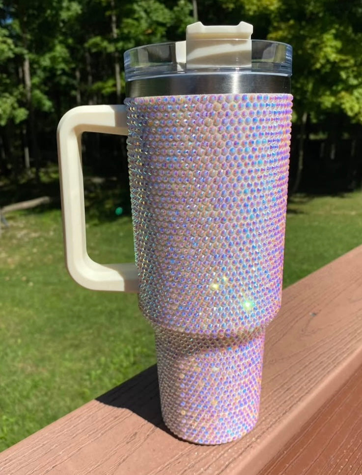 White Rhinestone 40oz Tumbler with Handle