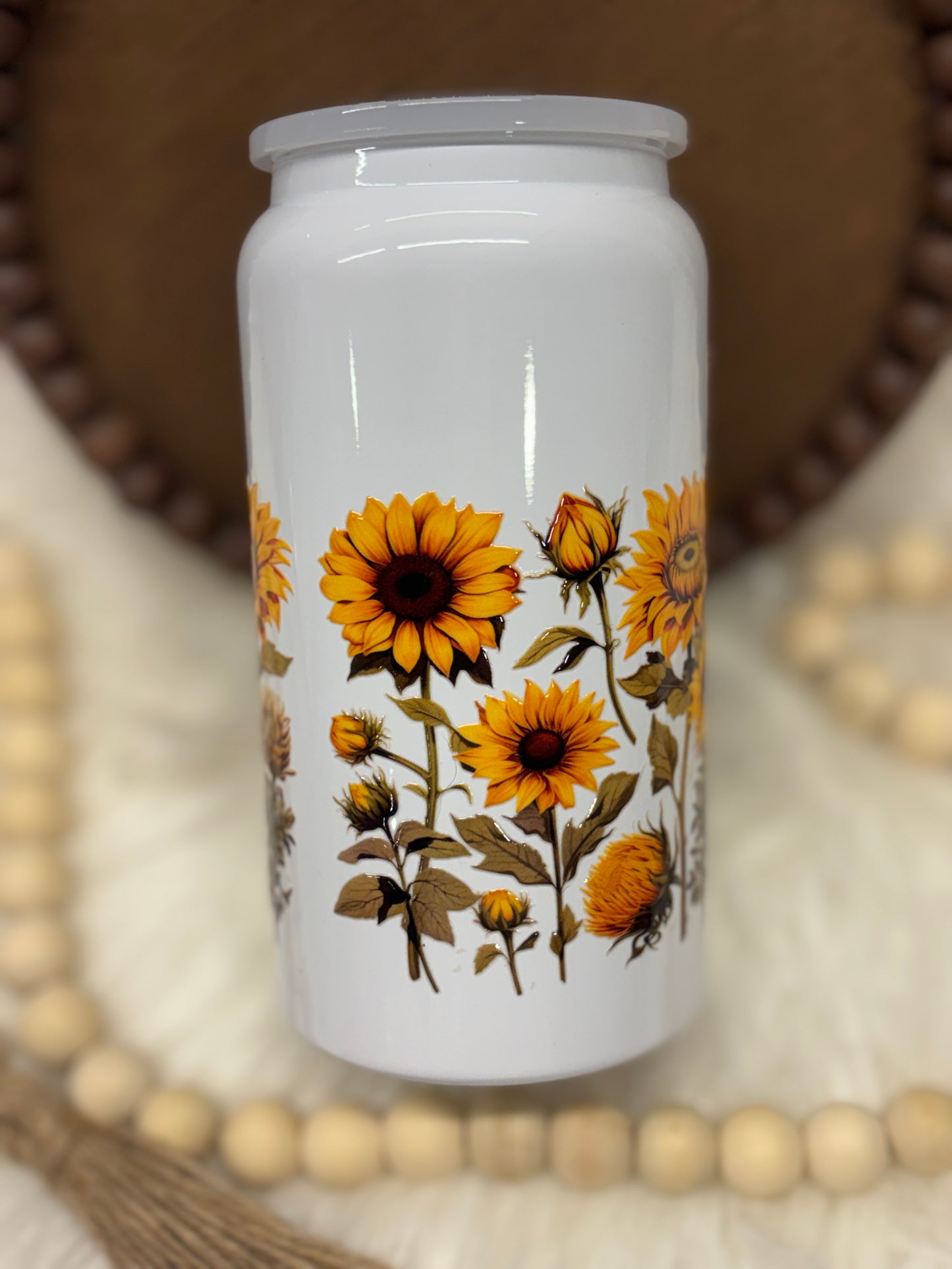 Highland Cow Sunflowers, White, 16oz Stainless Steel Cup