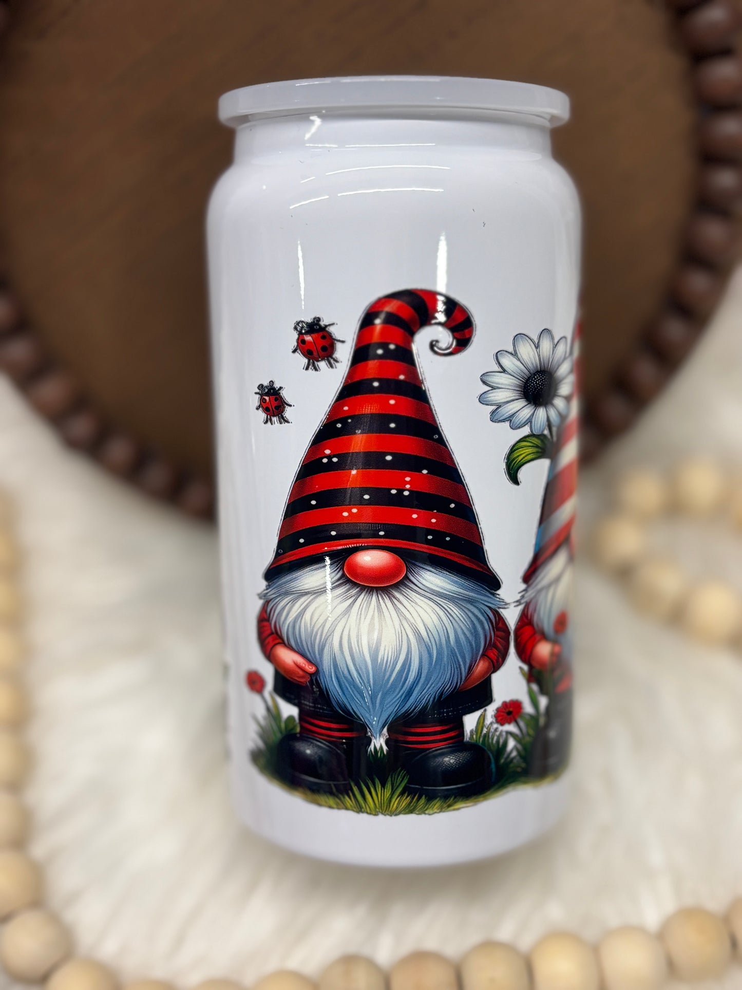 Lady Bug Gnomes, White, 16oz Stainless Steel Cup