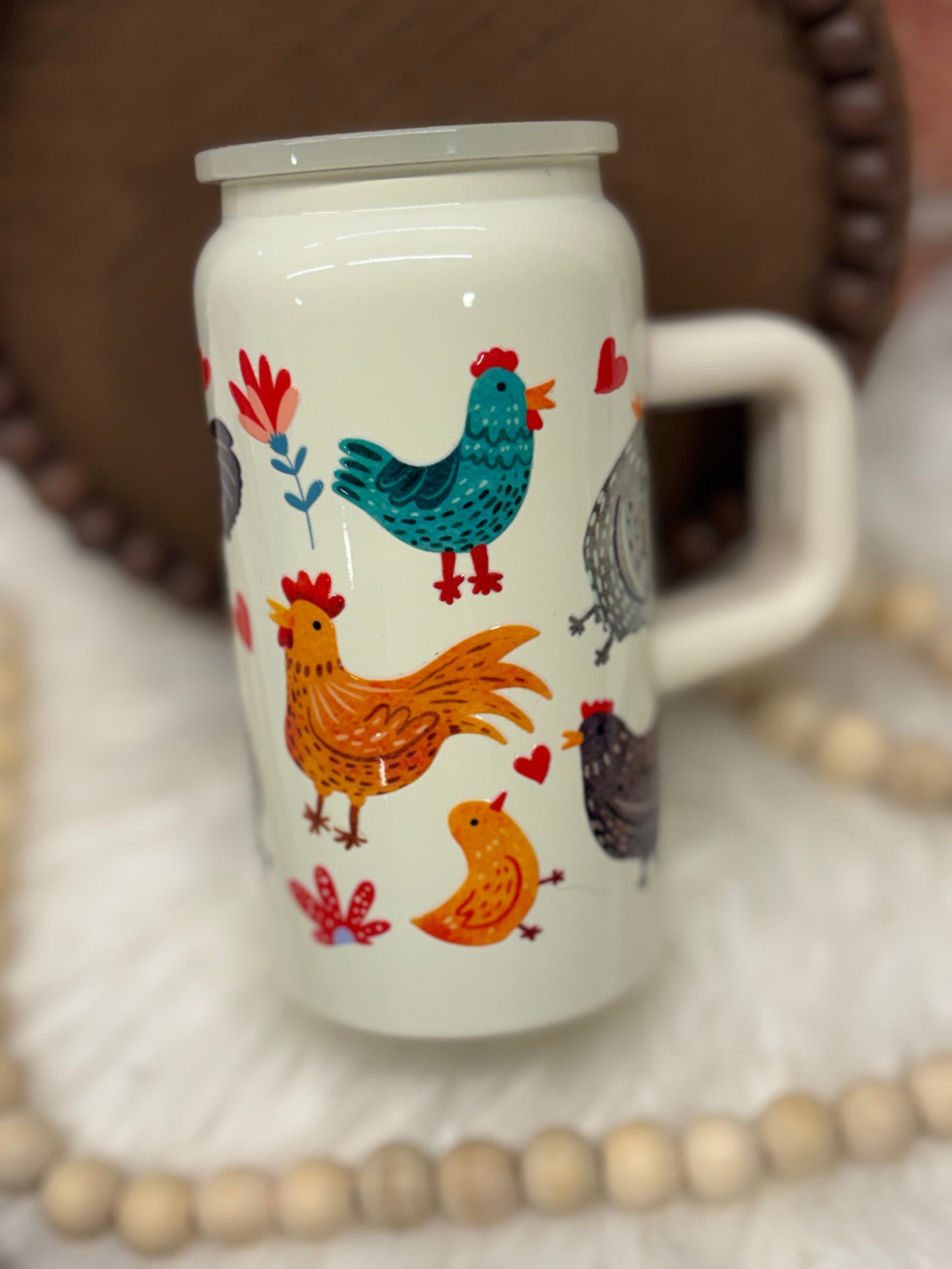 Chickens, Cream, 16oz Stainless Steel Cup with Handle