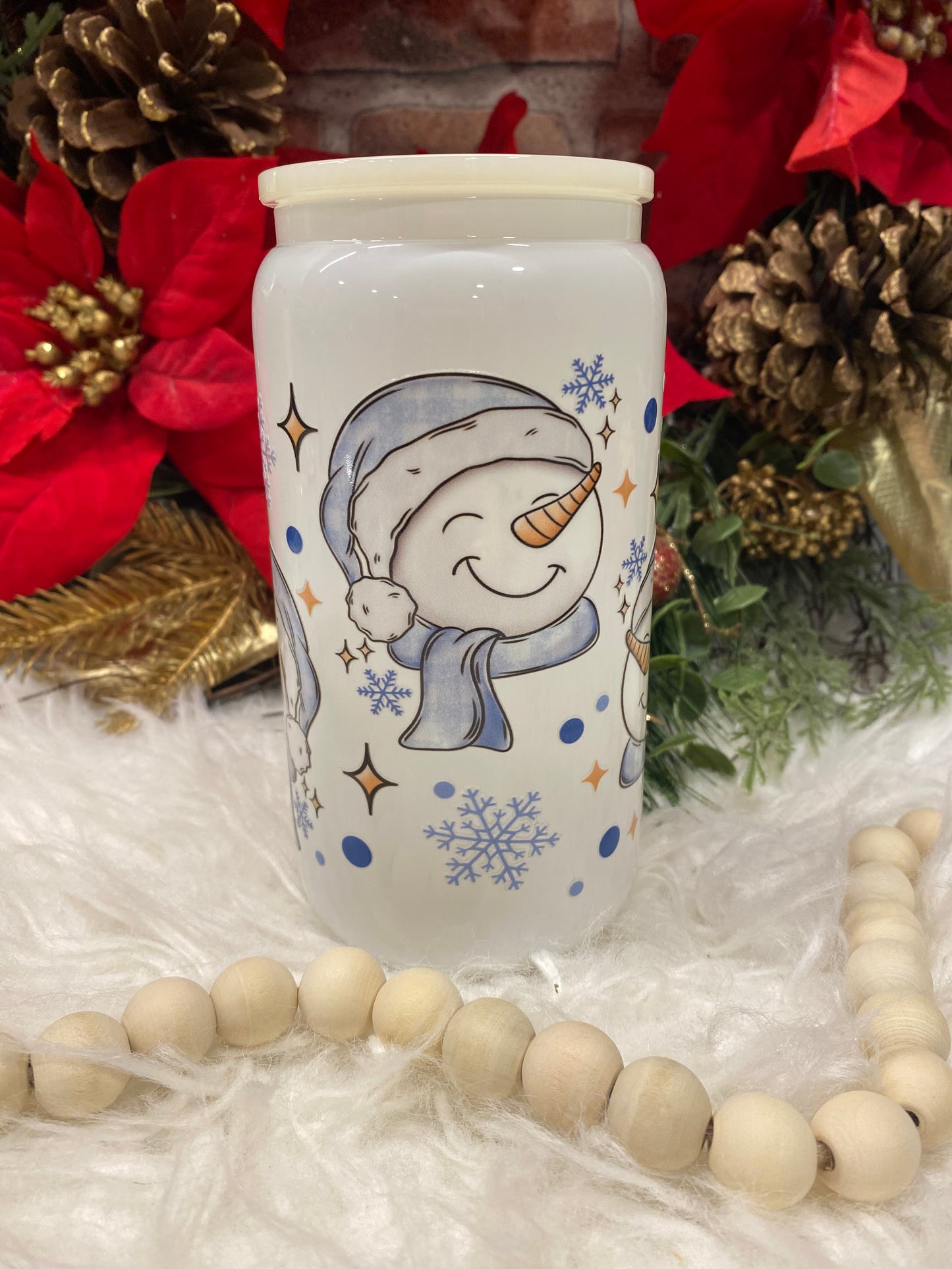 Blue Snowflake Snowman 16oz white glass can cup UVDTF