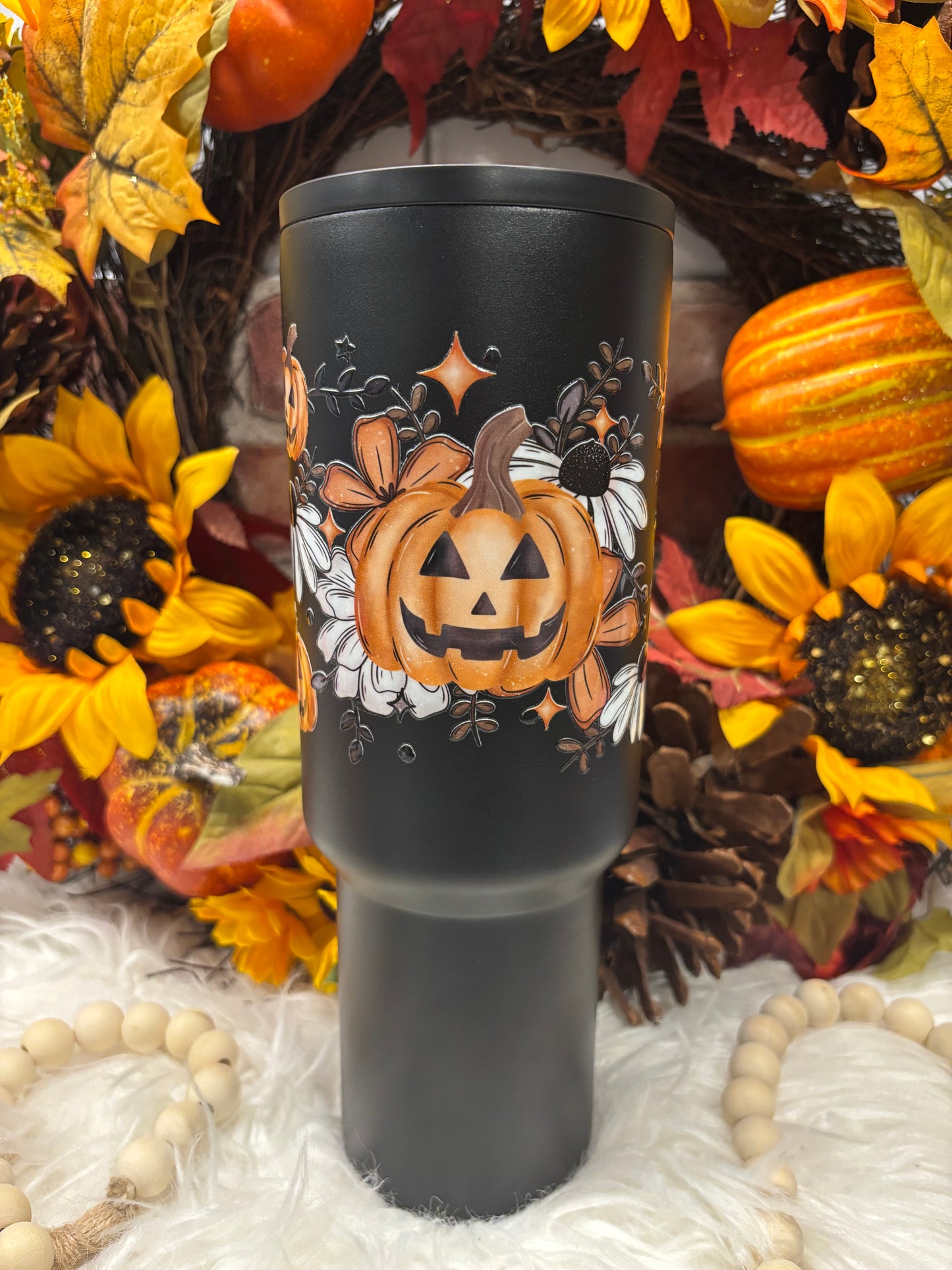 Floral Pumpkin, Black 40oz Insulated Tumbler with Handle
