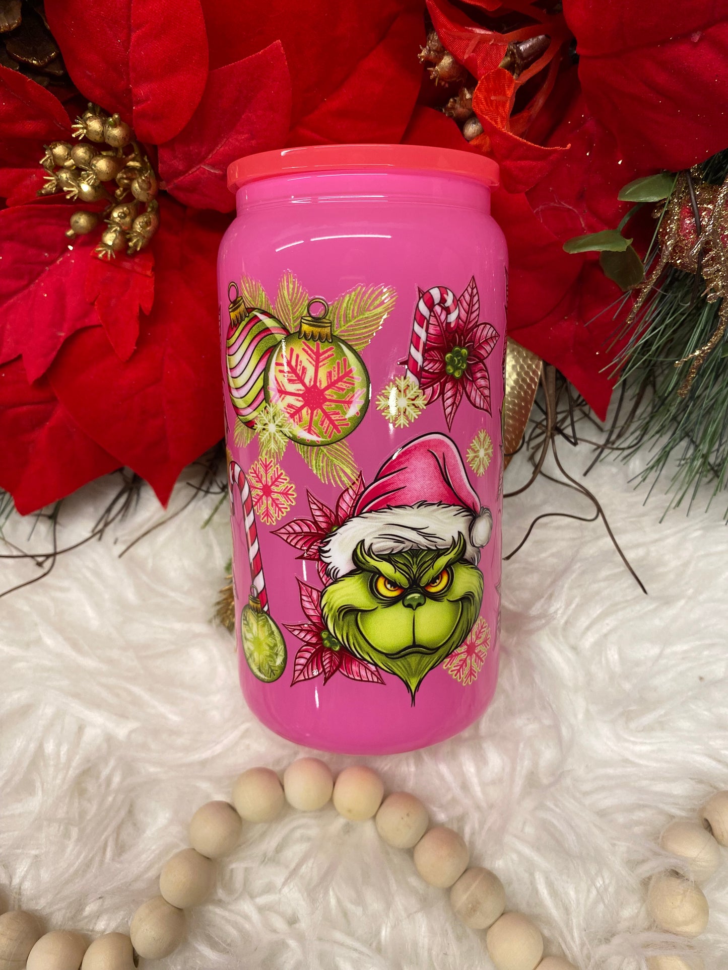 Mean Guy Christmas 16oz Hot Pink Glass can UVDTF