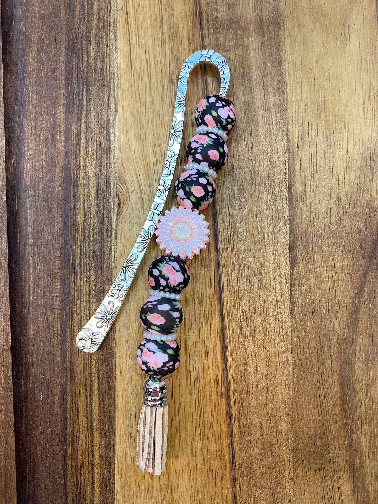 Pink Floral Beaded Bookmark