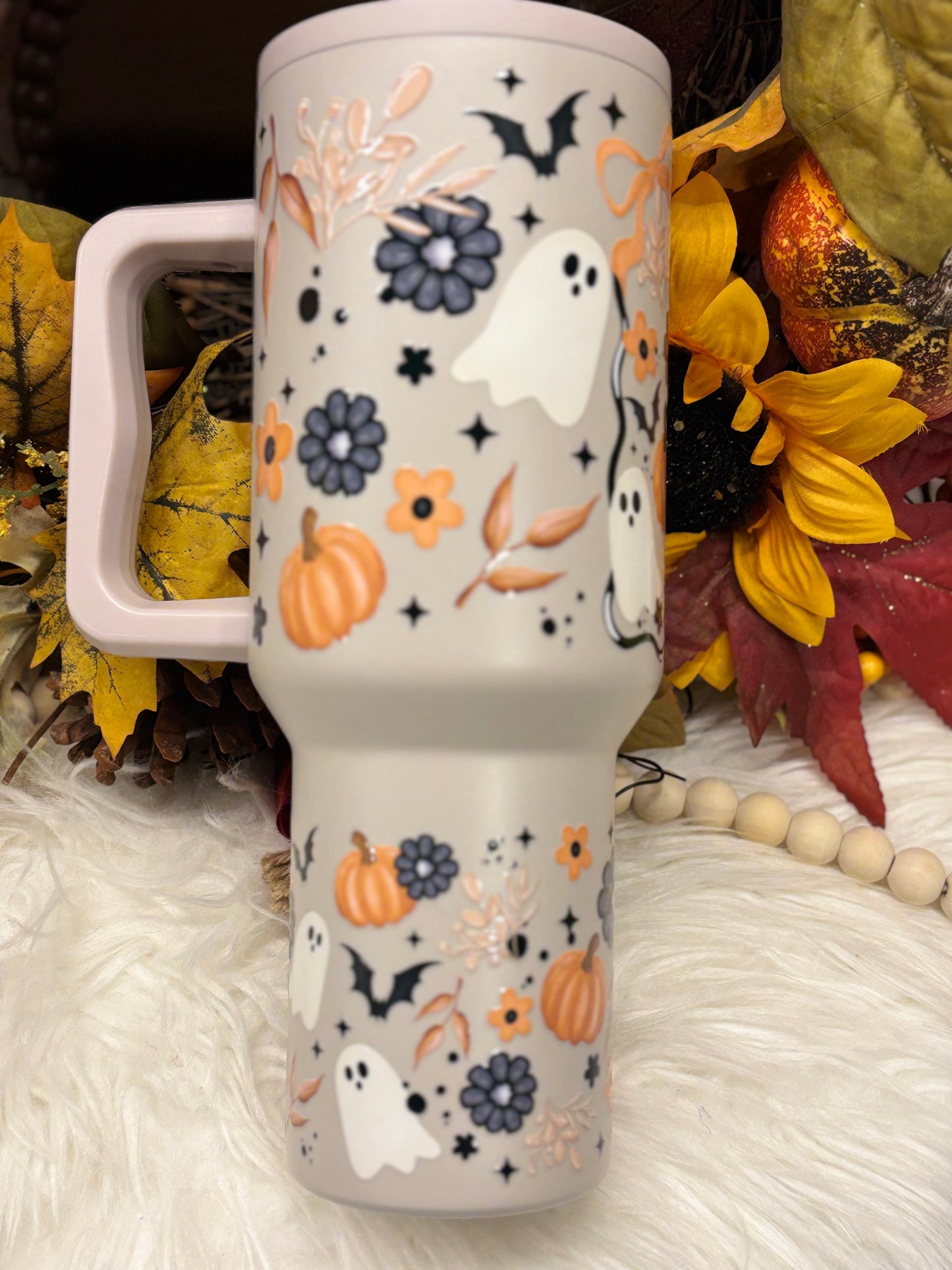 Ghost & Pumpkins, Almond 40oz Insulated Tumbler with Handle Flip Sipper Straw