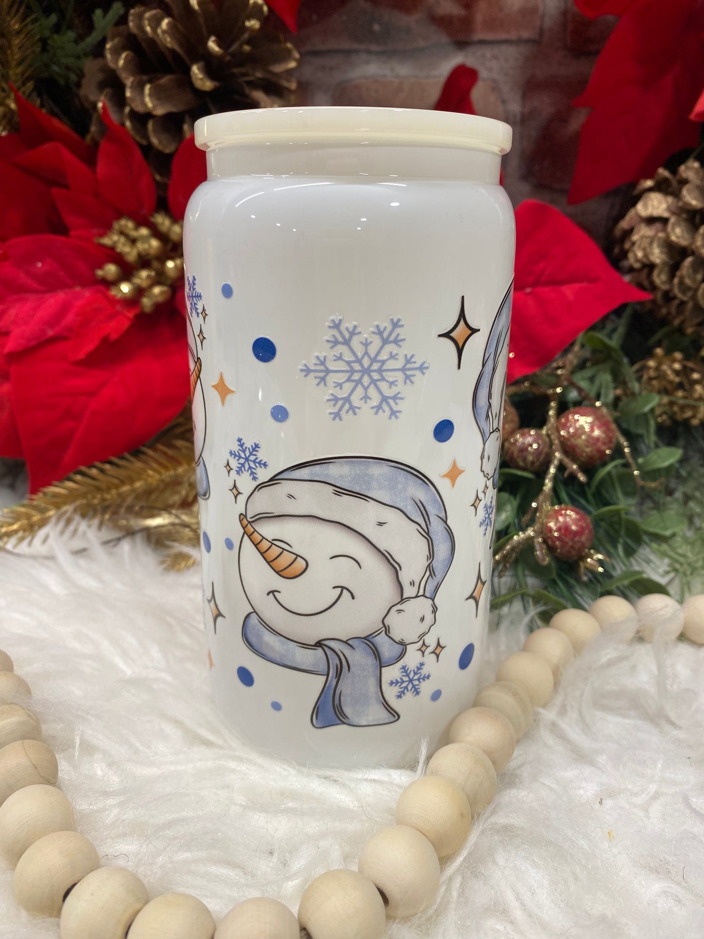 Blue Snowflake Snowman 16oz white glass can cup UVDTF