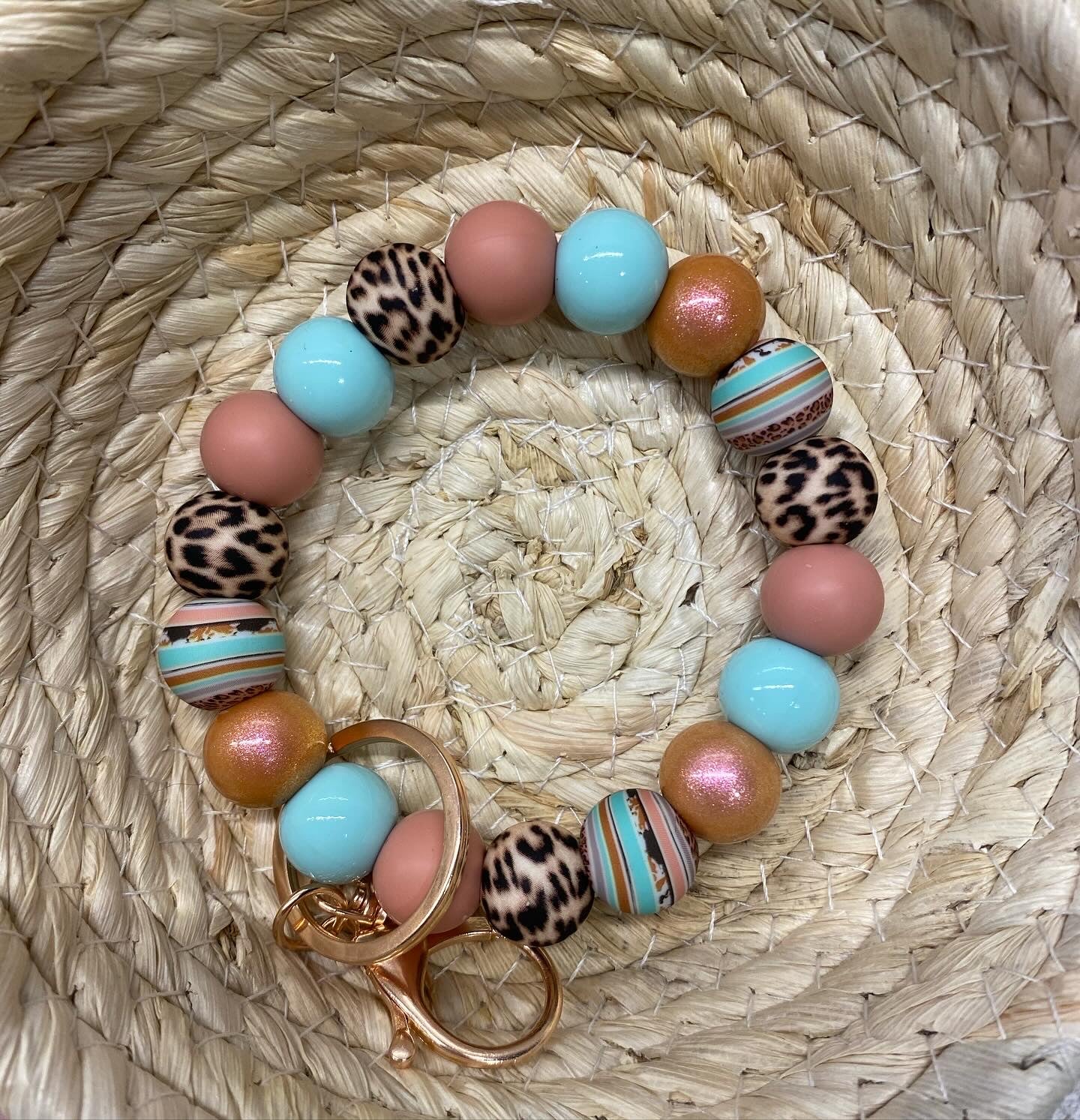 Blush Cheetah silicone beaded wristlet keychain