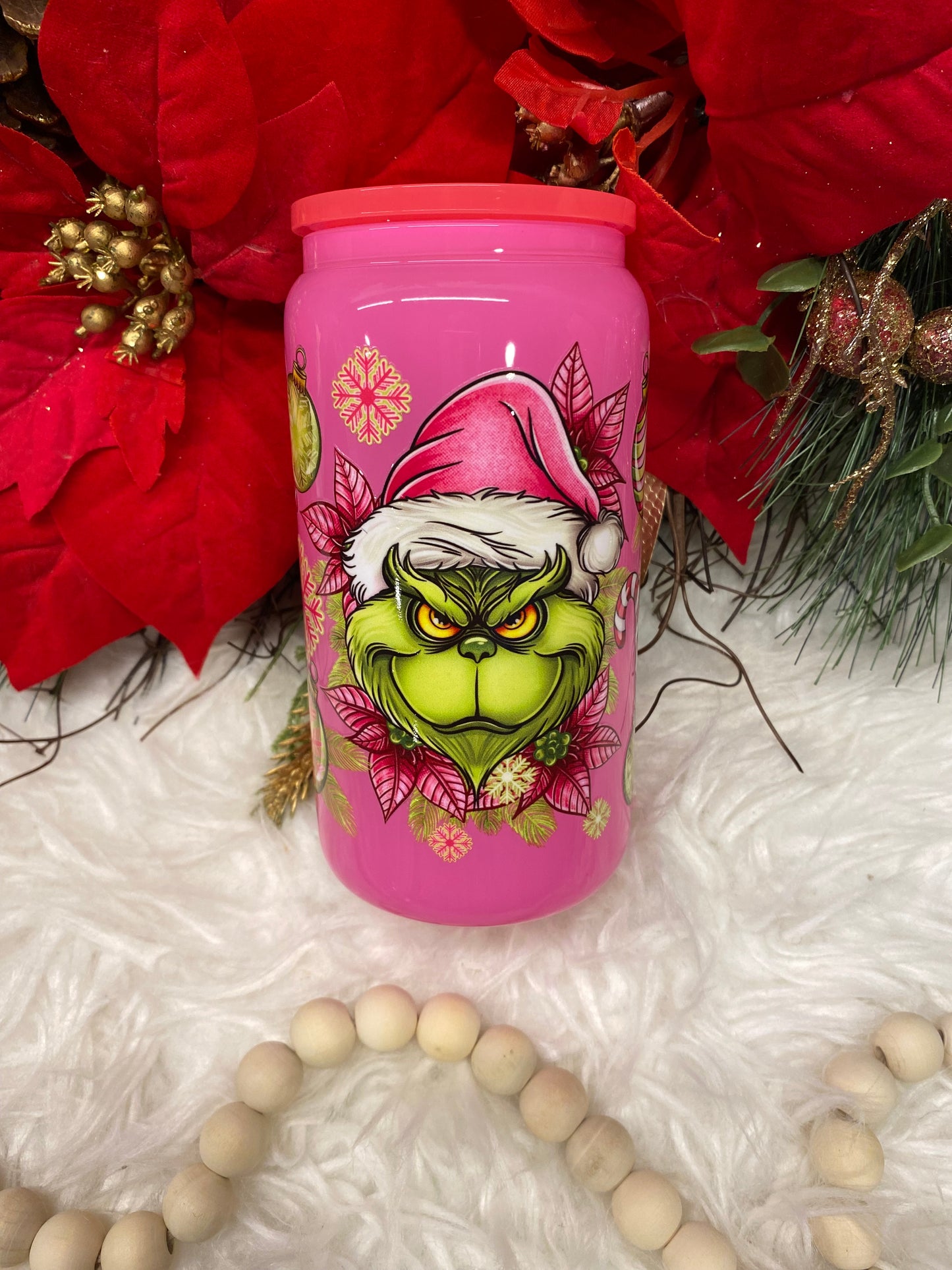Mean Guy Christmas 16oz Hot Pink Glass can UVDTF