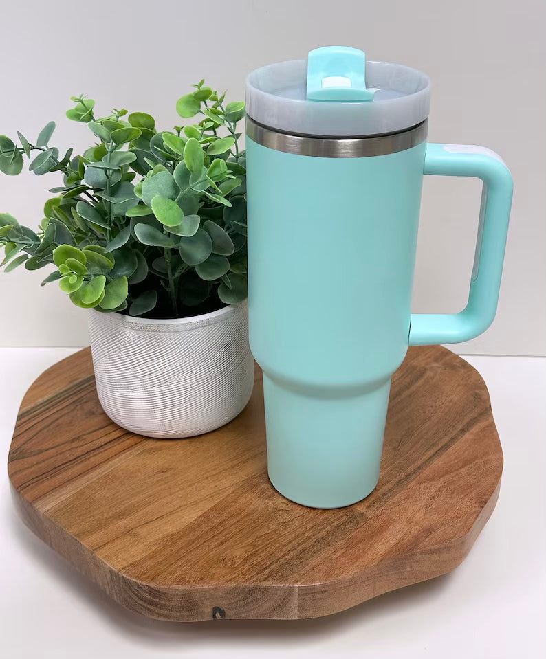 Custom 40oz Matte Sublimation Tumbler with Handle Tropical Seafoam