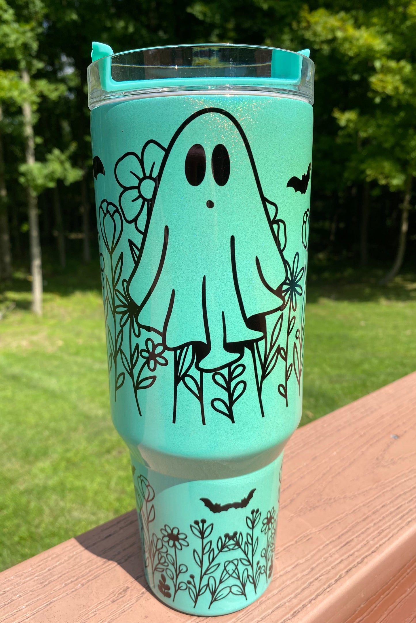 Floral Ghost Turquoise Glitter Shimmer 40oz Tumbler