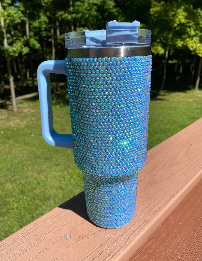 Blue Rhinestone 40oz Tumbler with Handle