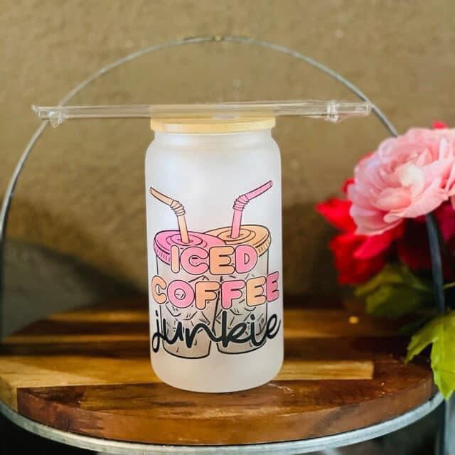 Iced Coffee Junkie 16oz frosted glass can with bamboo lid