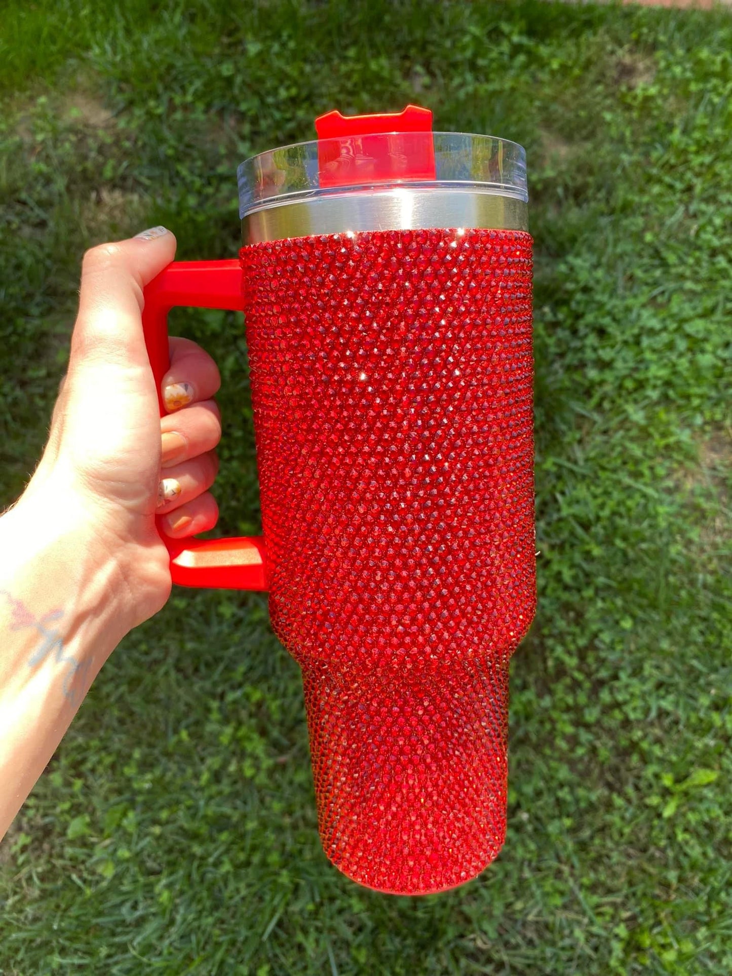Red Rhinestone 40oz Tumbler with Handle