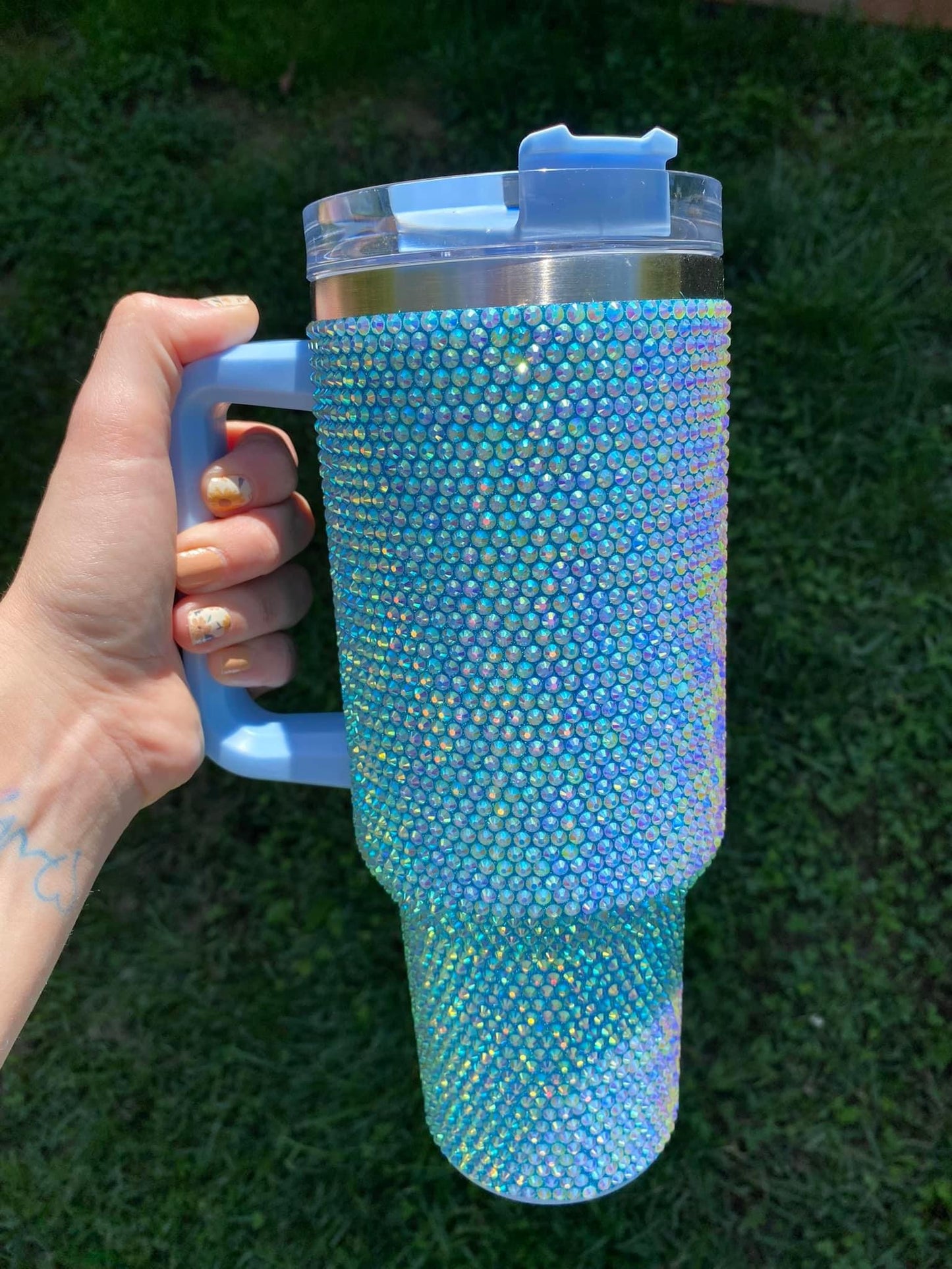 Blue Rhinestone 40oz Tumbler with Handle