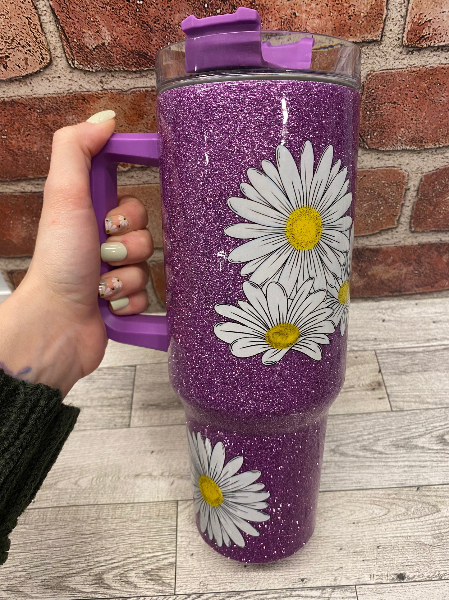 Purple Glitter with Daisies, 40oz Tumbler with Handle, Epoxy-Free