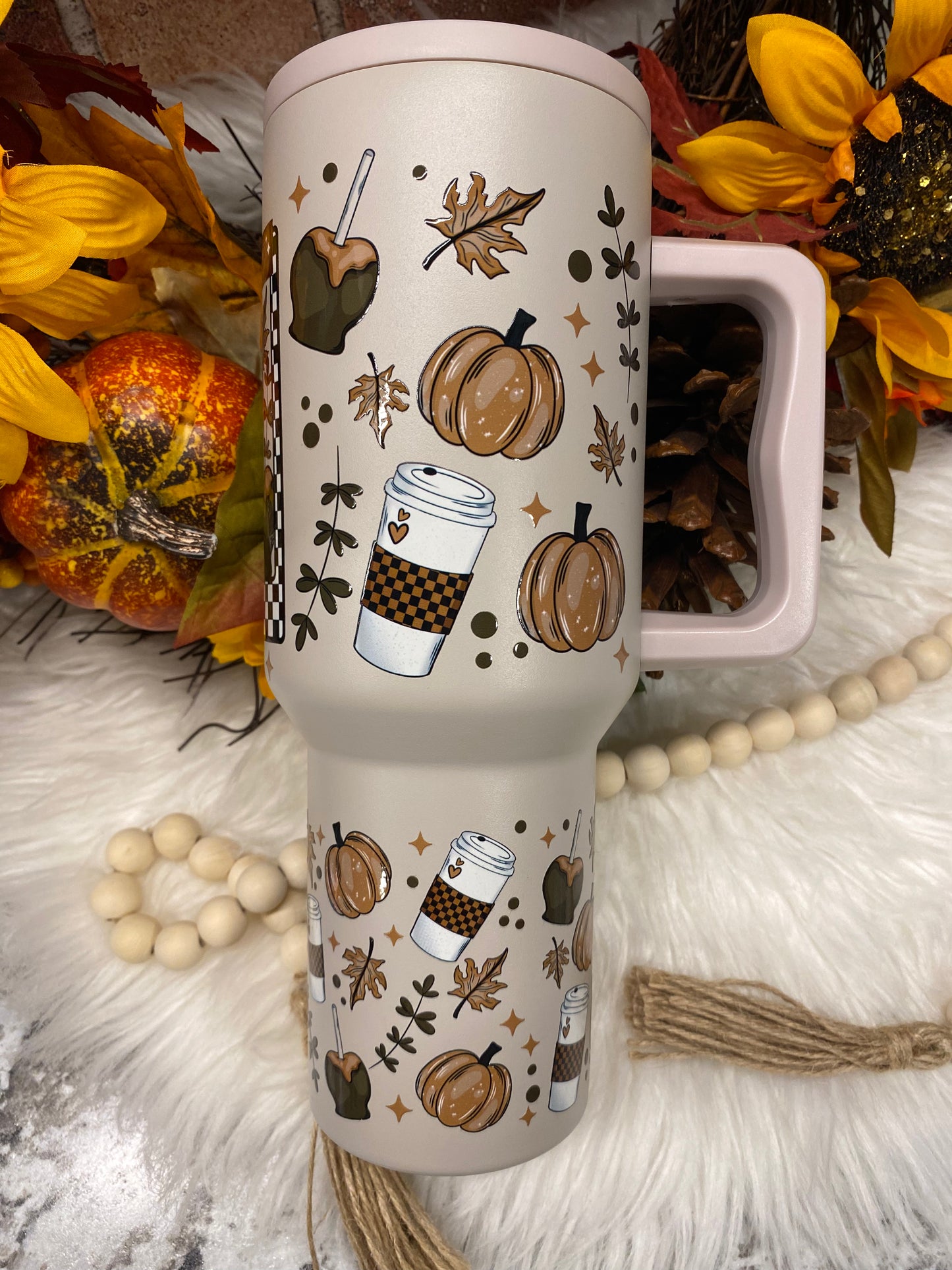 Fall Vibes, Almond 40oz Insulated Tumbler with Handle