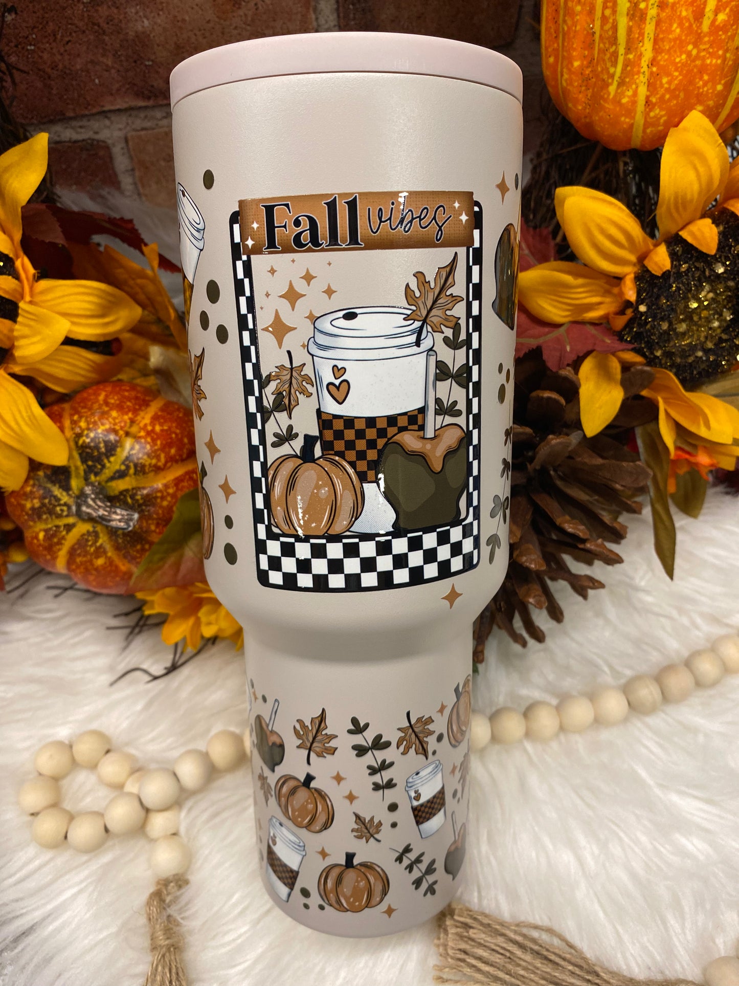 Fall Vibes, Almond 40oz Insulated Tumbler with Handle