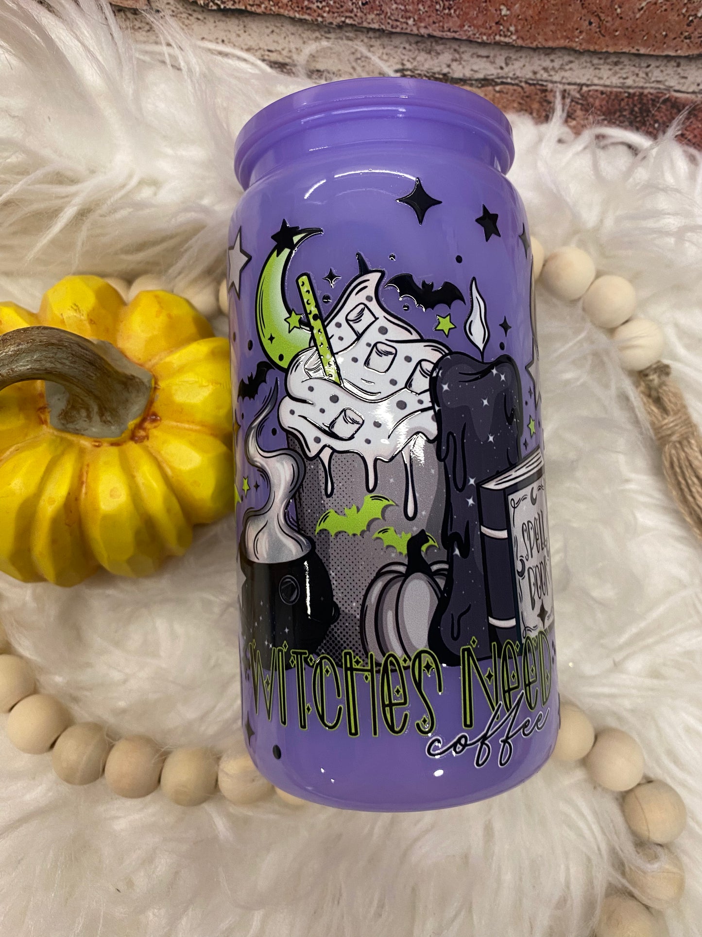 Witches need Coffee 16oz purple acrylic can UVDTF