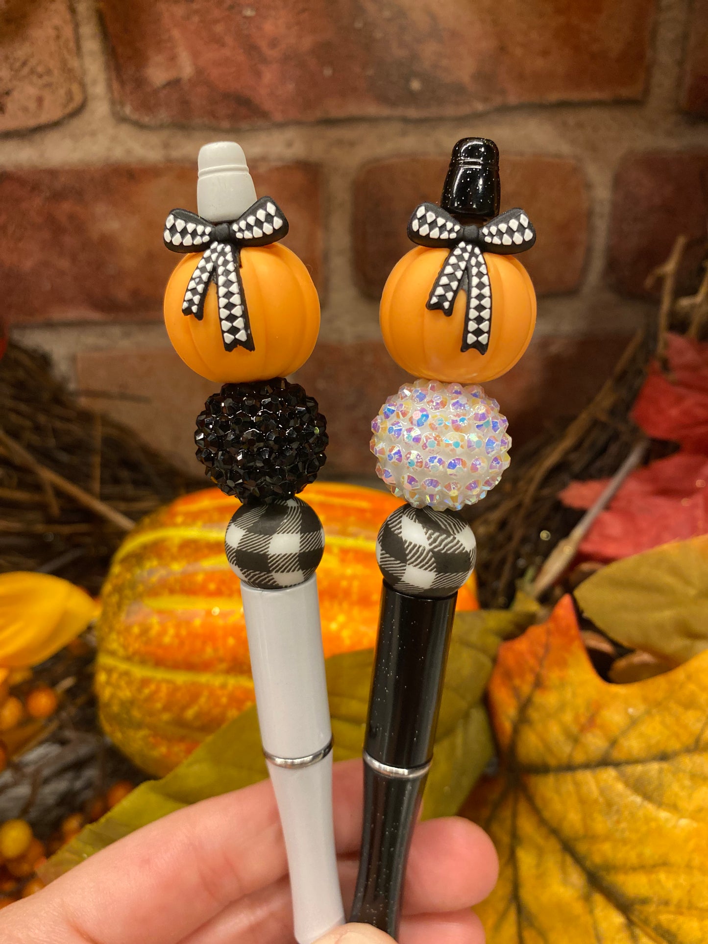 3D Pumpkin with plaid bow silicone beaded ink pen