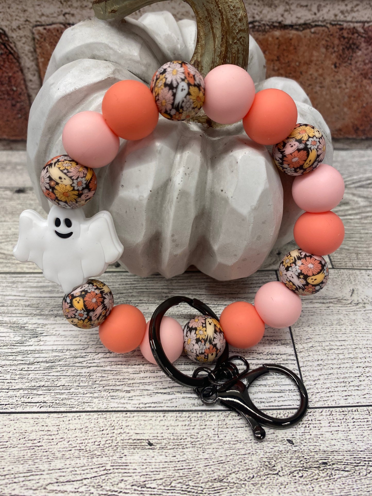 Coral Floral Ghost silicone beaded wristlet keychain
