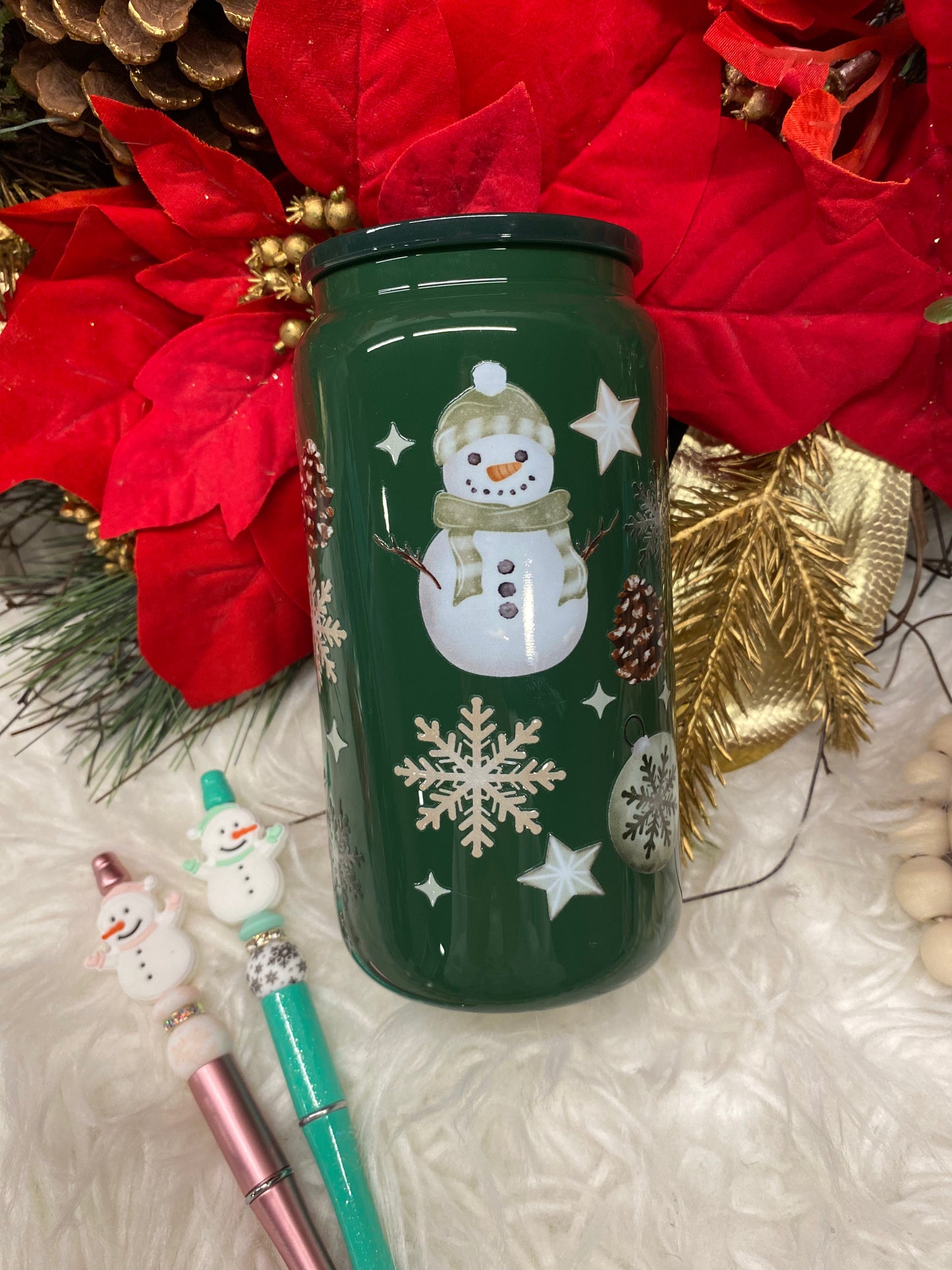 Winter Wonderland Snowman 16oz pine glass can UVDTF