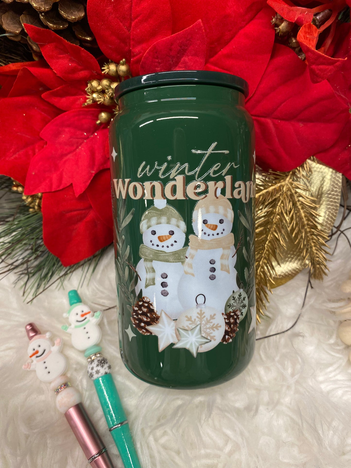 Winter Wonderland Snowman 16oz pine glass can UVDTF