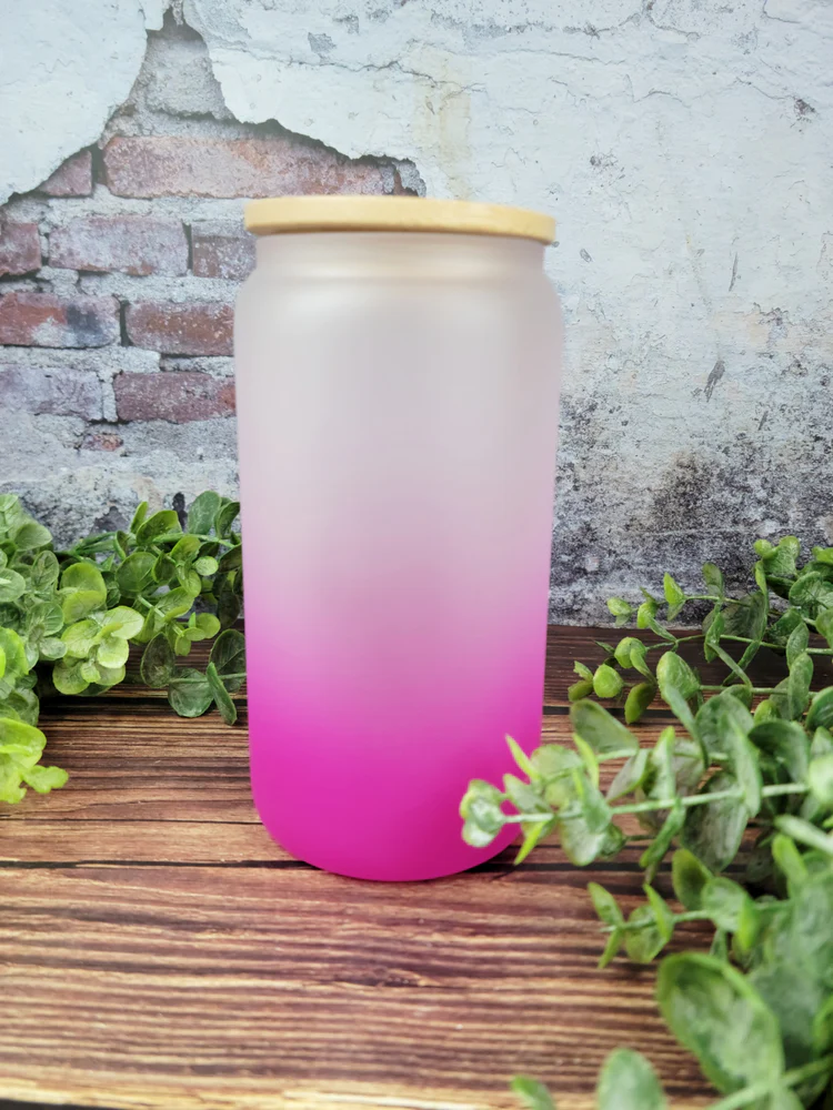 Pink Ombre Glass Frosted Can with bamboo lid