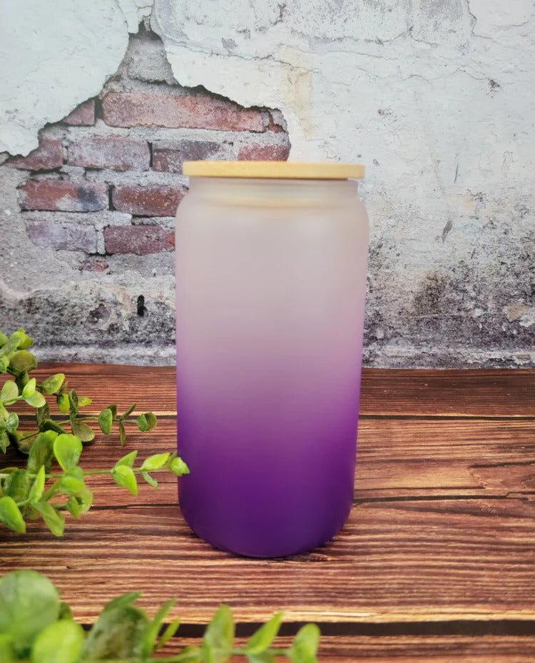 Purple Ombre Glass Frosted Can with bamboo lid