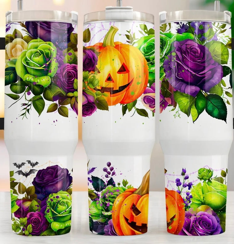 Spooky Pumpkin 40oz Tumbler with Purple handle