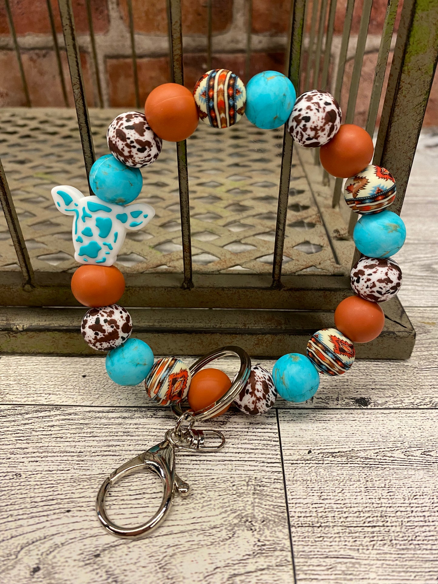 Western Blue Cow silicone beaded wristlet keychain