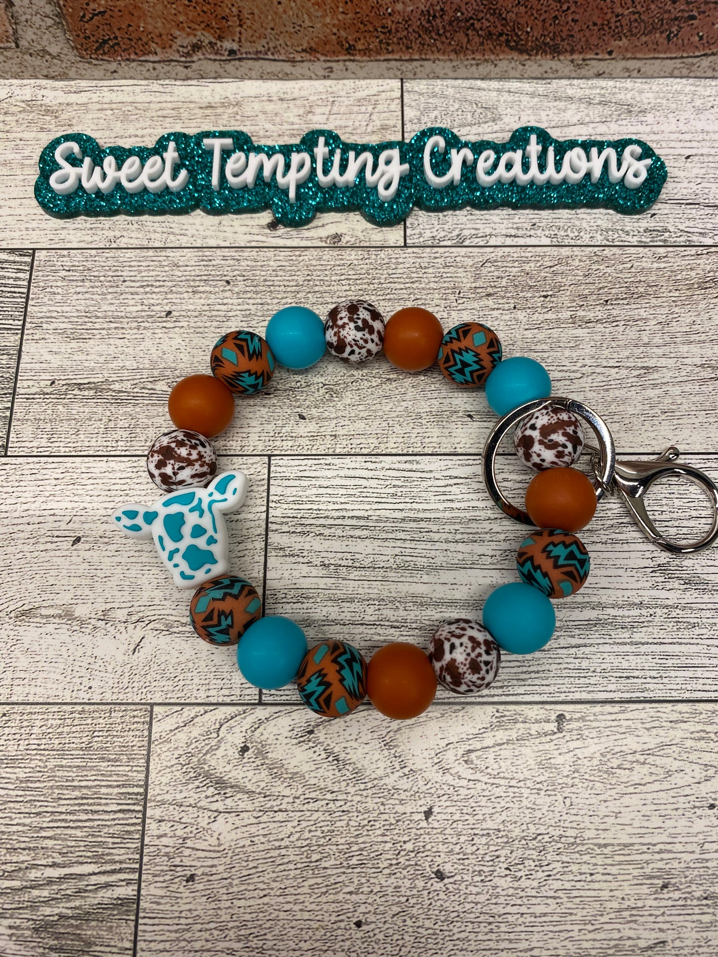 Aztec Blue Cow silicone beaded wristlet keychain