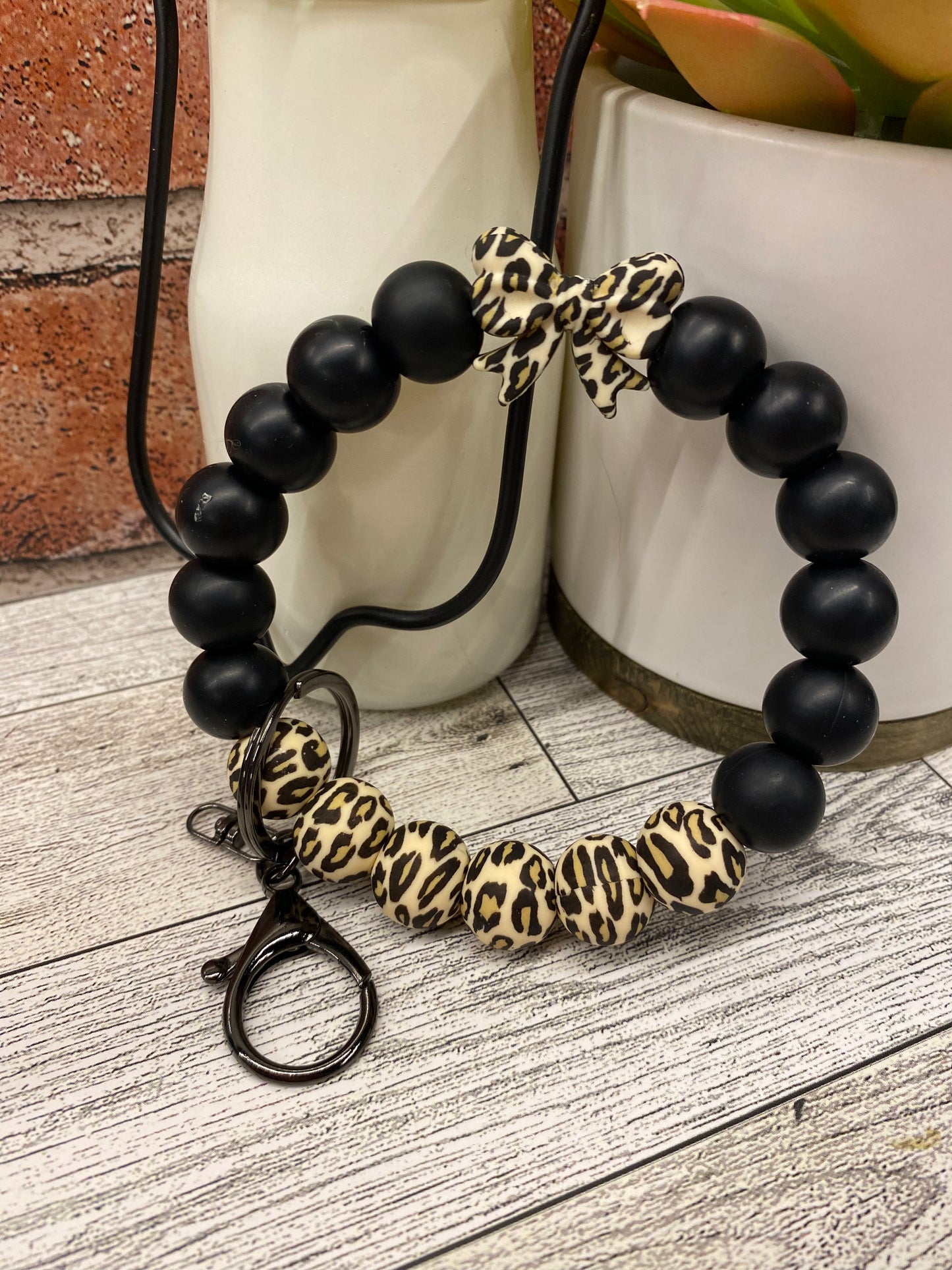 Black Leopard silicone beaded wristlet keychain