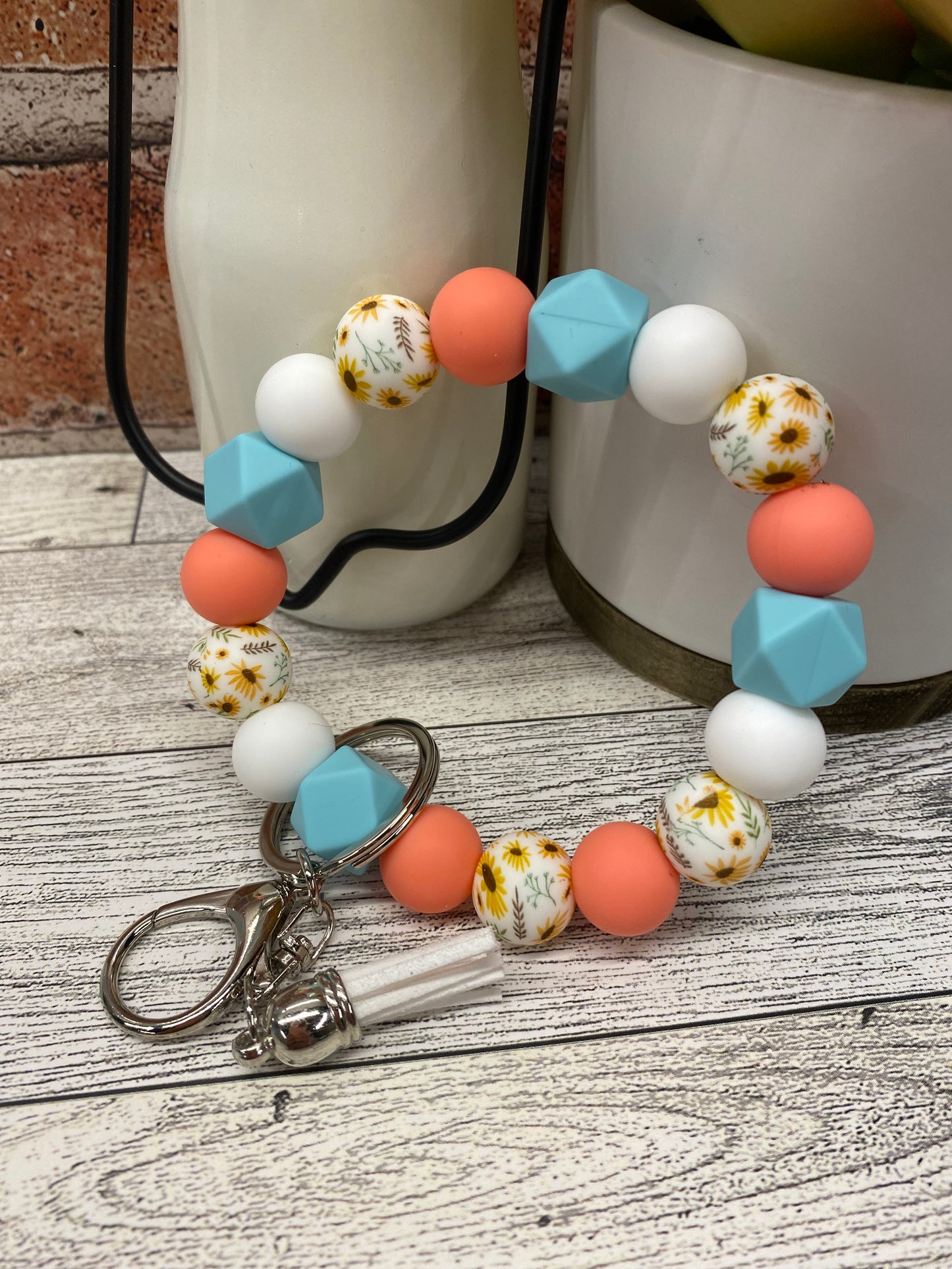 Coral Floral silicone beaded wristlet keychain