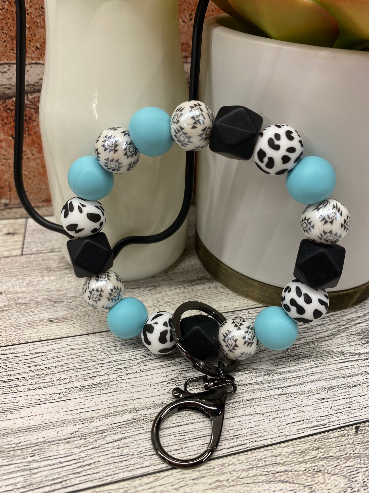Opal Aztec silicone beaded wristlet keychain