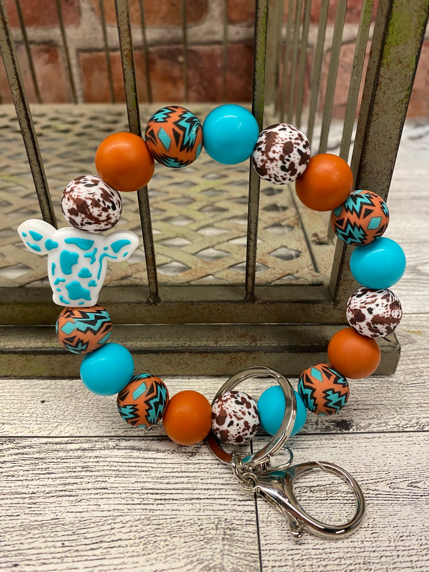 Aztec Blue Cow silicone beaded wristlet keychain