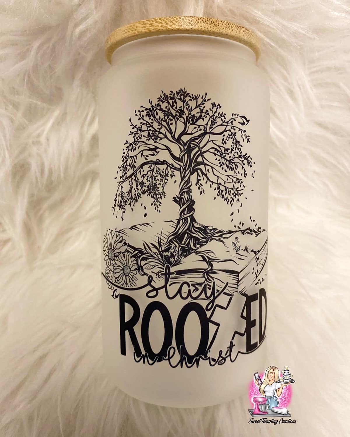 Stay Rooted In Christ Jesus Christian 16oz frosted glass can with bamboo lid