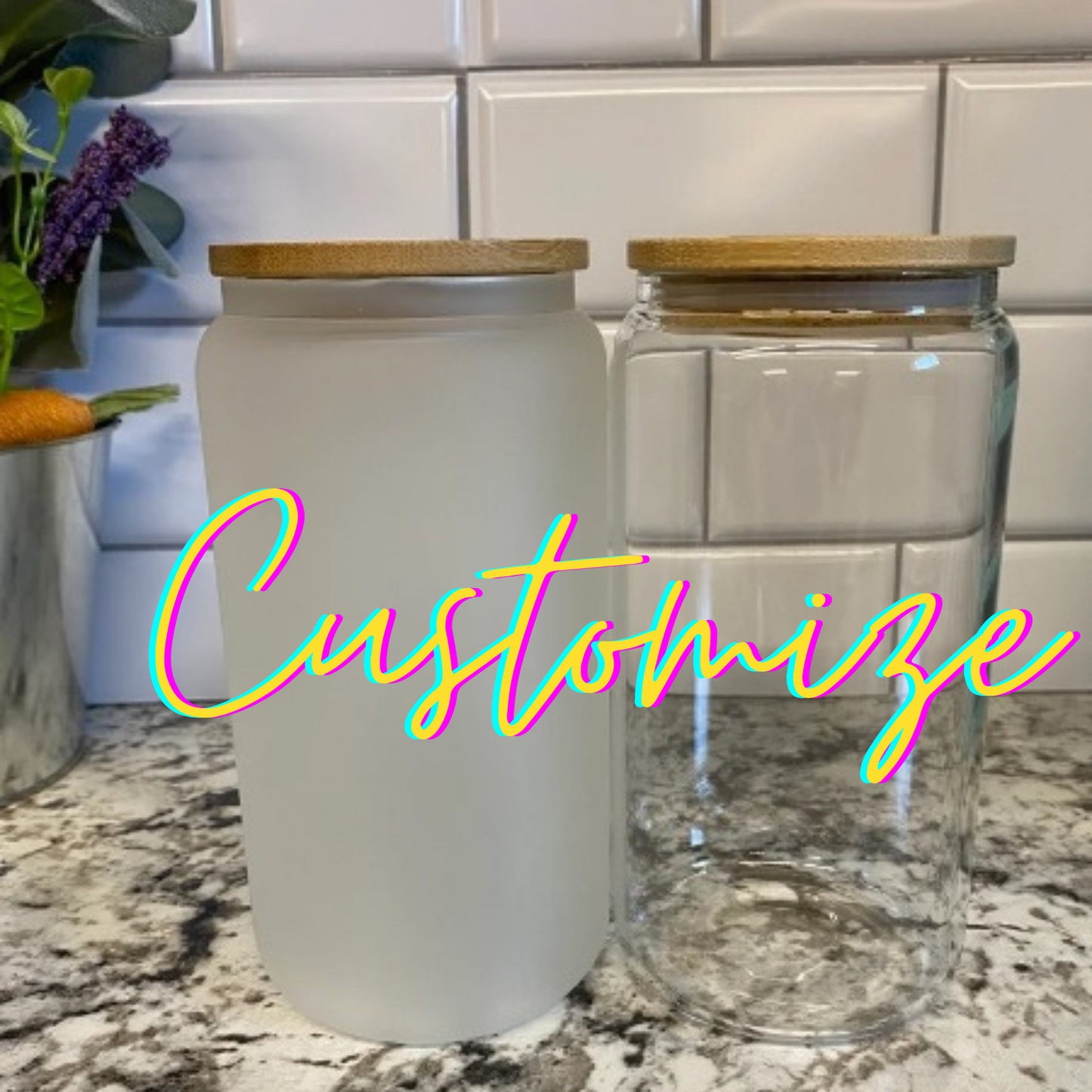Customize 16oz frosted or clear glass can with bamboo lid