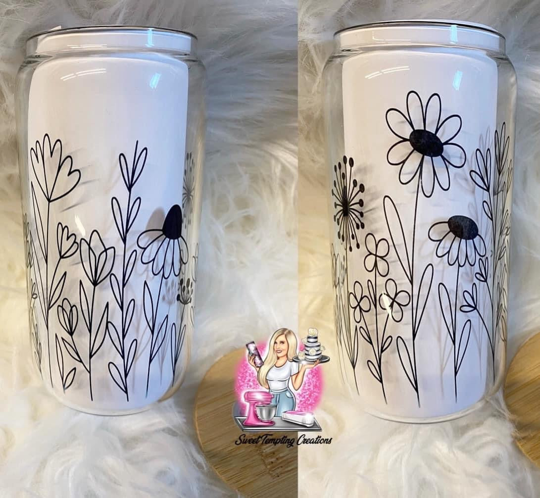 Wild flowers floral 16oz clear glass can with bamboo lid