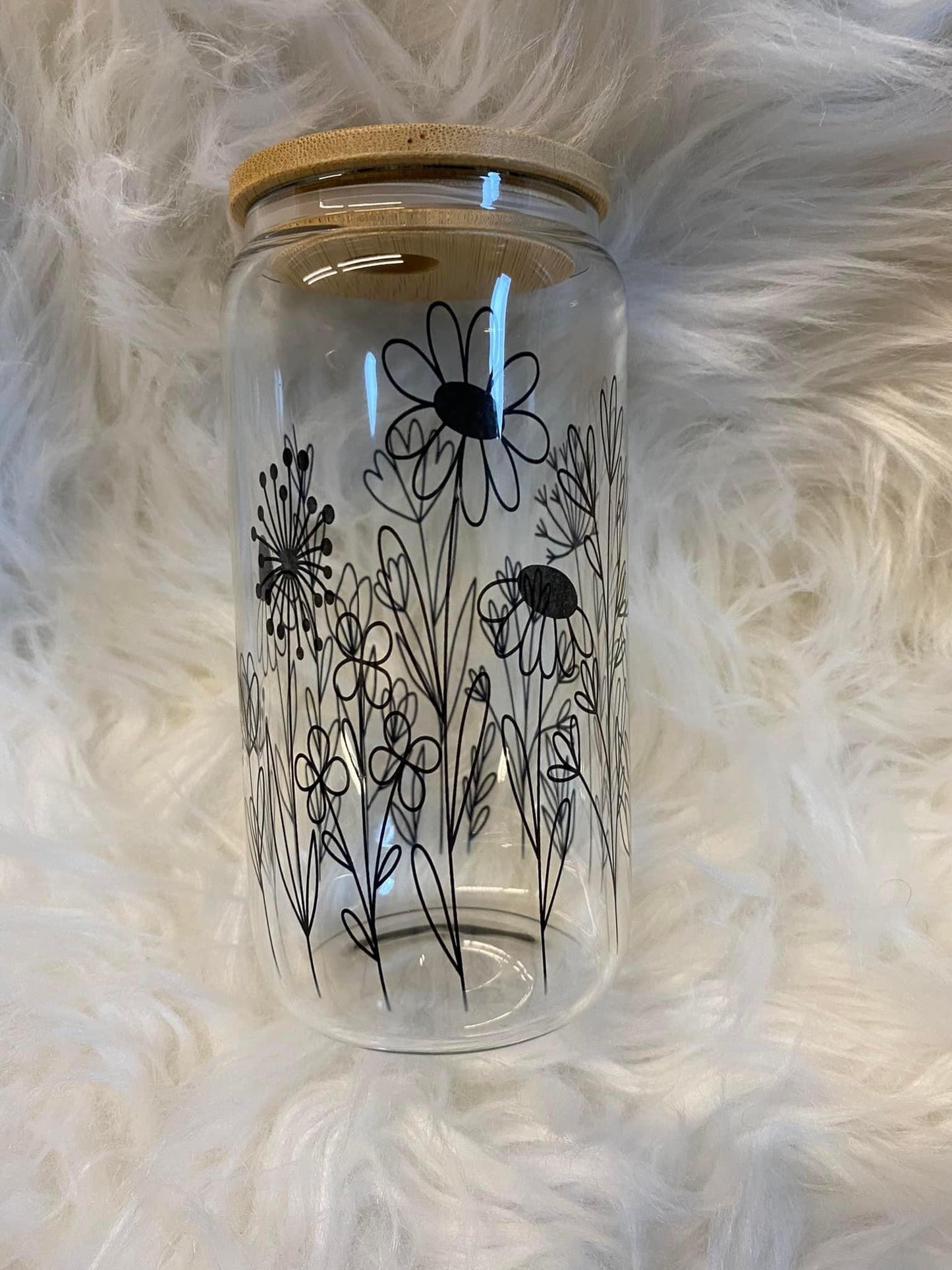 Wild flowers floral 16oz clear glass can with bamboo lid
