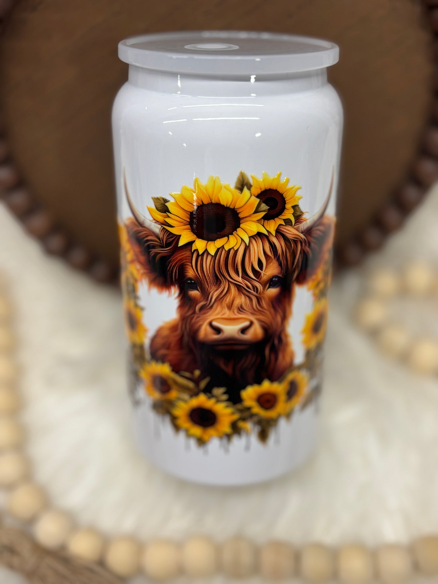 Highland Cow Sunflowers, White, 16oz Stainless Steel Cup