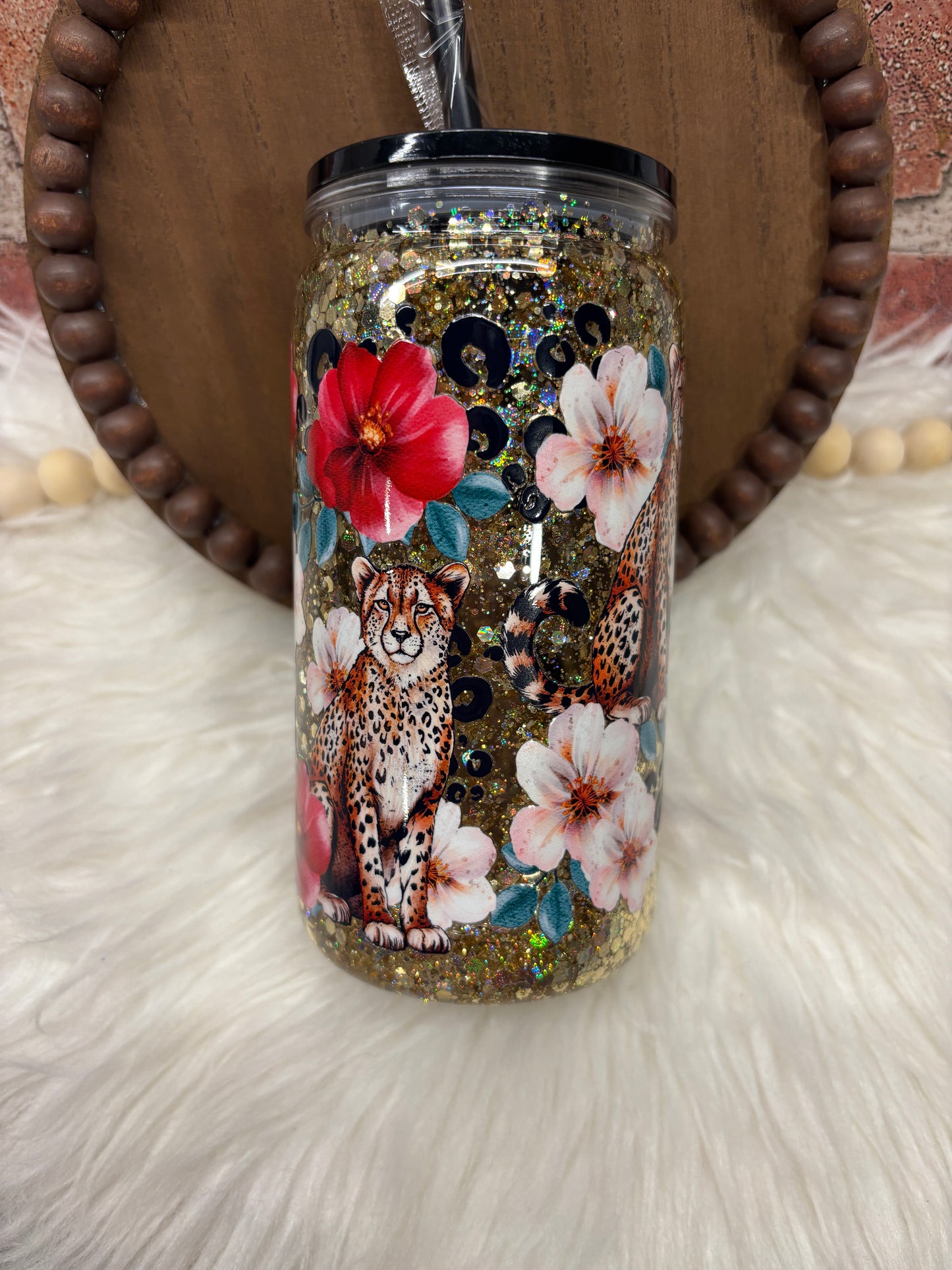 Cheetah & Red Floral Snowglobe Cup Boujee Bubbles Glitter
