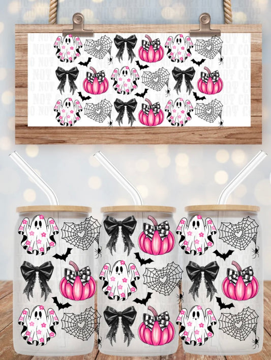 Pink Pumpkin, Floral Ghost Tumbler or Glass Can UV DTF wrap- MUST BUY CUP