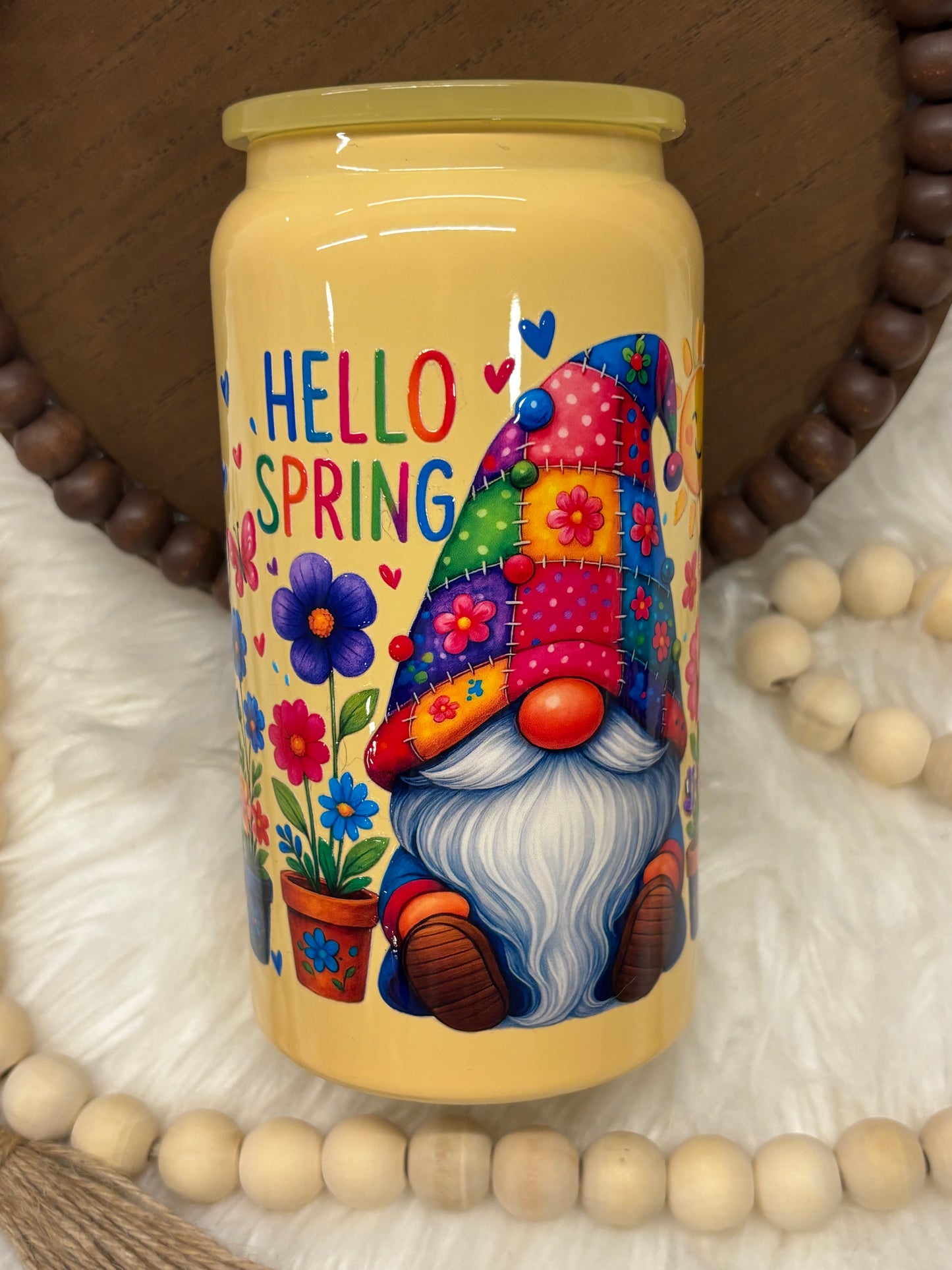 Hello Spring Gnome, Yellow, 16oz Stainless Steel Cup
