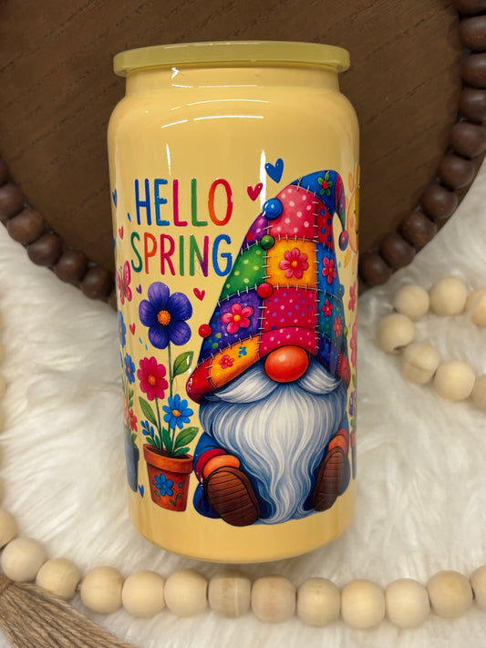 Hello Spring Gnome, Yellow, 16oz Stainless Steel Cup