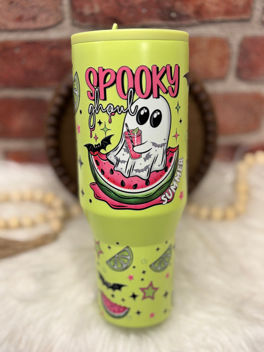 Spooky Ghouls Summer, Lime Green 40oz Insulated Tumbler with Handle Flip Sipper Straw