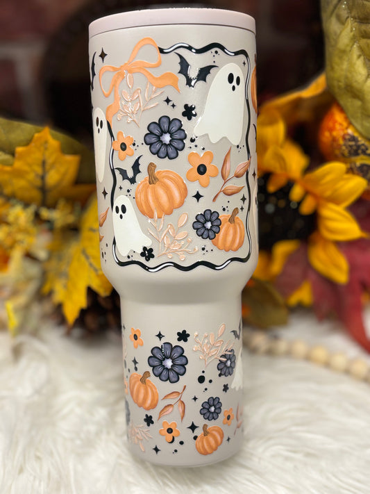 Ghost & Pumpkins, Almond 40oz Insulated Tumbler with Handle Flip Sipper Straw