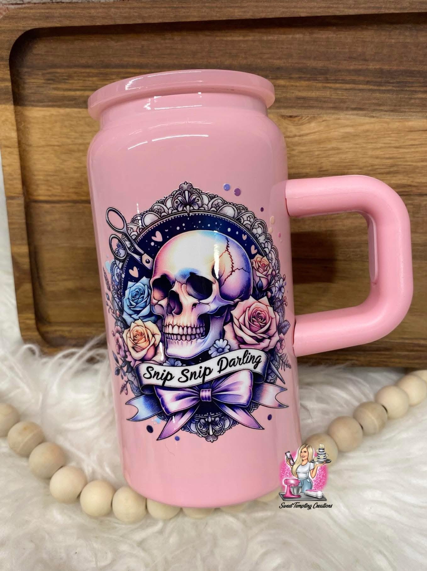 Snip Snip Darling, Light Pink, 16oz Stainless Steel Cup with Handle