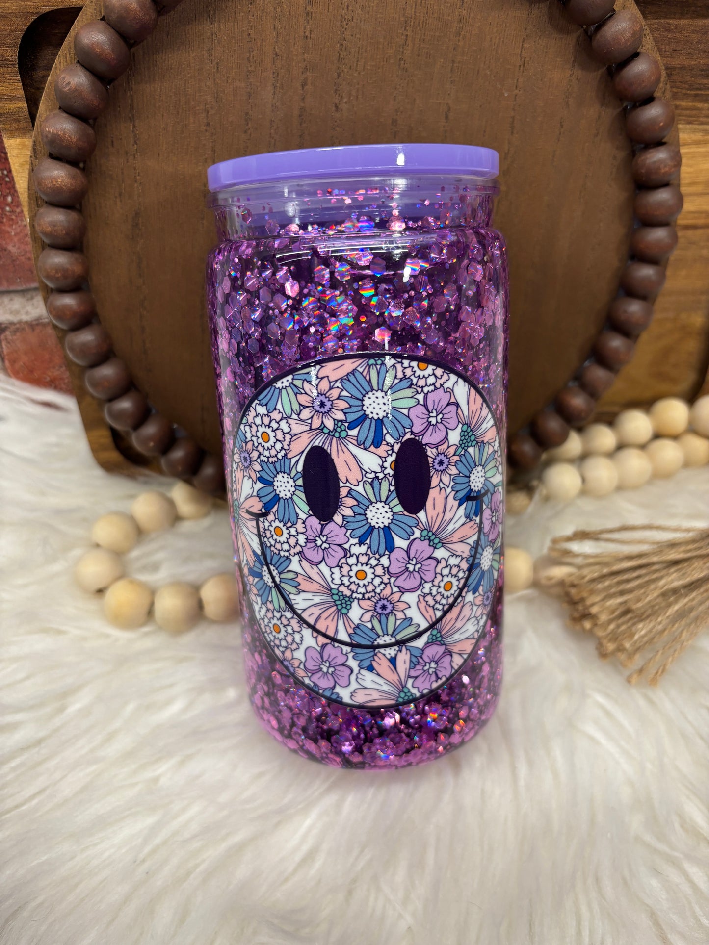 Floral Smiley Face Purple Snowglobe Cup