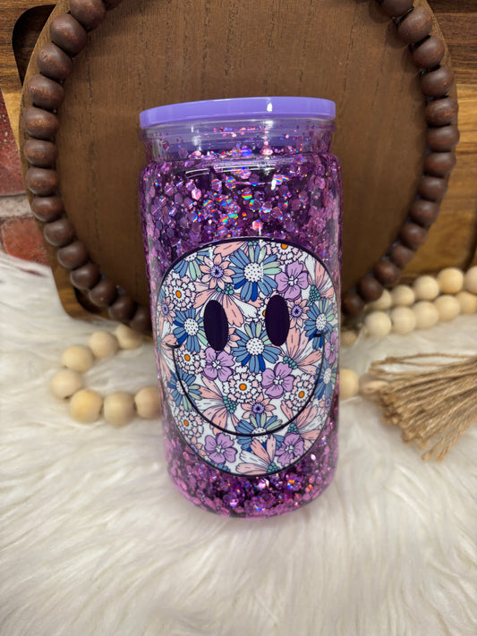 Floral Smiley Face Purple Snowglobe Cup