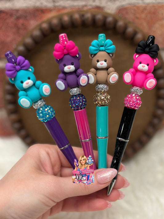 3D Teddy Bears with bows silicone beaded ballpoint ink pen